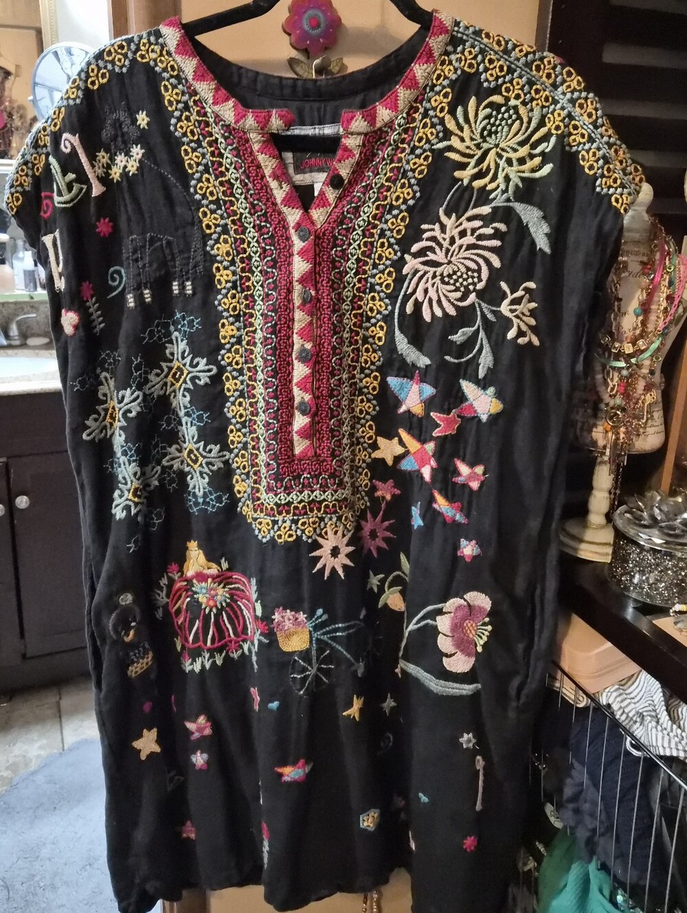 Sz L Johnny Was Black Heavily Embroidered V-neck Short Tunic Dress Vintage Boho